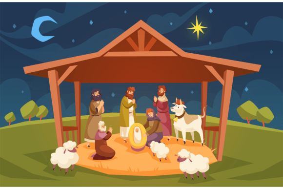 Bible Scene. Christmas Christian Composi and Illustrations