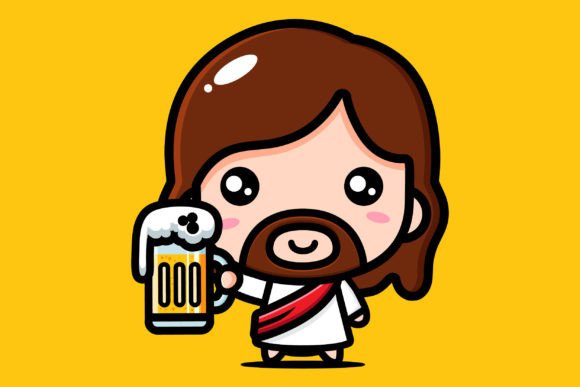 Cute Jesus Holding Up a Beer Illustrations