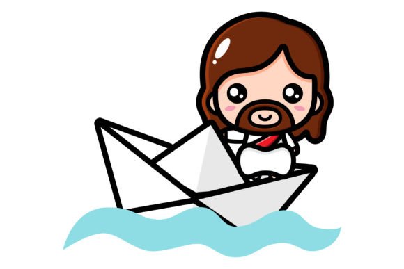 Cute Jesus Riding a Paper Boat Illustrations